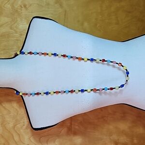 Vintage Czech Harlequin Multi-Colored Glass Cube Necklace 1930's. 38"